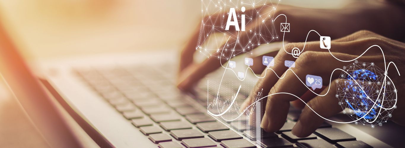 Hands typing on a laptop with AI and digital icons overlayed.